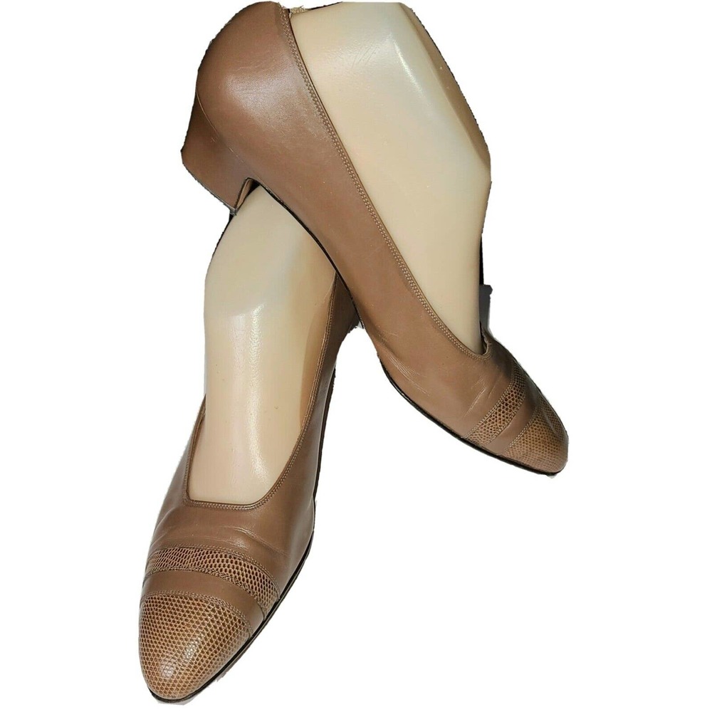 Salvatore Ferragamo Brown Lizard Skin Cap Toe Heel Pumps Sz 8.5 AA. SB1